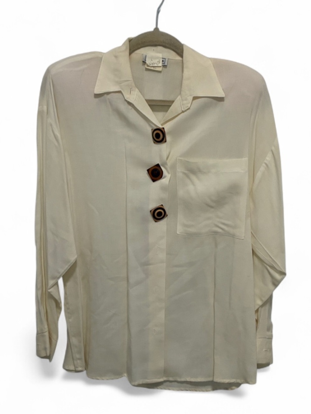 Vintage Cream Button-Front Oversized Relaxed Long Sleeve Shirt